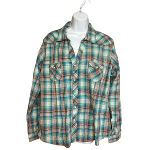 Roughtstock Panhandle Slim Snap Front Teal Orange Plaid Shirt Size XL